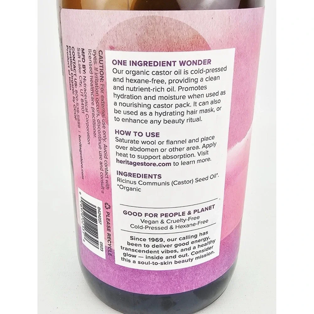Heritage Store Organic Castor Oil Cold Pressed Vegan 32 Oz Jumbo